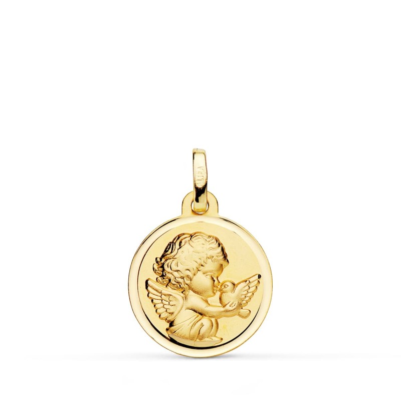 Medalla Oro Amarillo Angel Burlon Con Paloma Bisel 16 Mm oro 18k