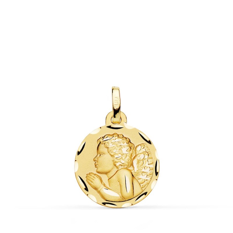 Medalla Oro Amarillo Angel " Niño Piadoso " Rezando Tallado 16 Mm oro 18k