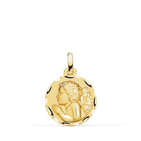 Medalla Oro Amarillo Angel " Niño Piadoso " Rezando Tallado 16 Mm oro 18k