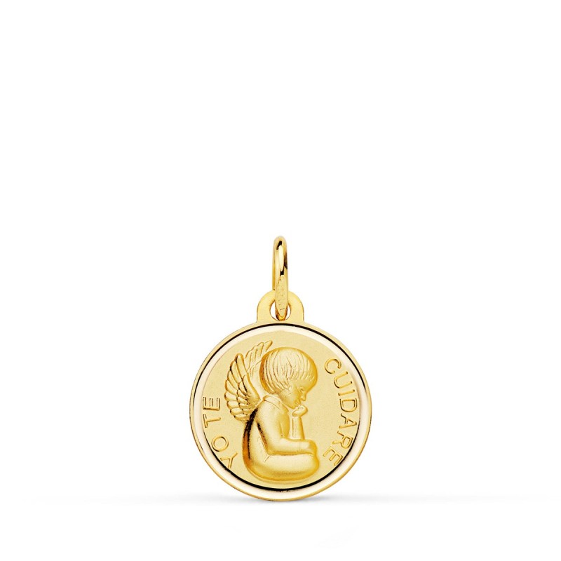 Medalla Oro Amarillo Angelito "Yo Te Cuidare" Bisel. Medida: 14 Mm oro 18k