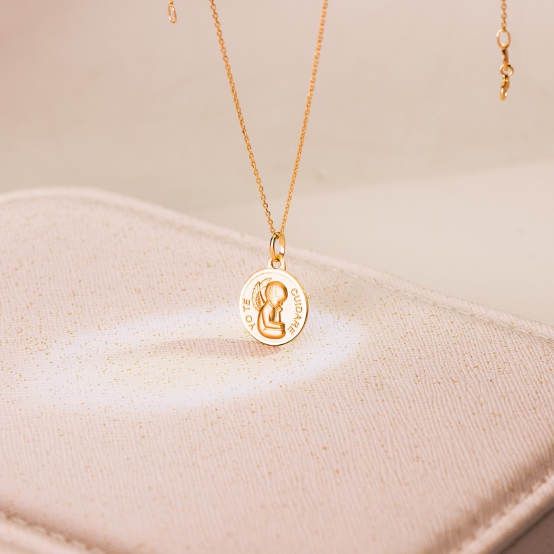 Medalla Oro Amarillo Angelito "Yo Te Cuidare" Bisel. Medida: 14 Mm oro 18k