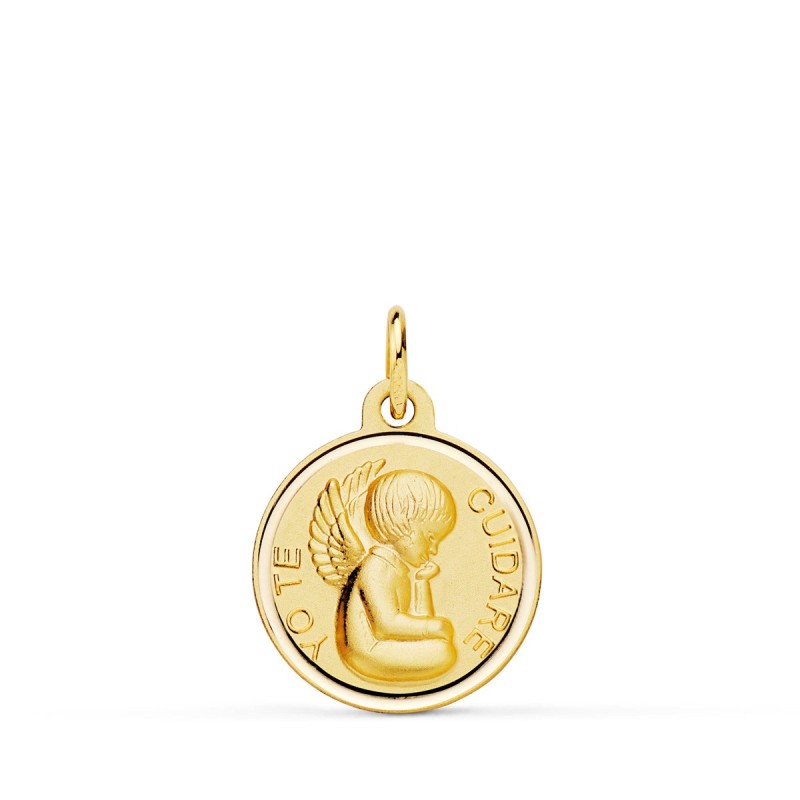 Medalla Oro Amarillo Angelito "Yo Te Cuidare" Bisel. Medida: 16 Mm oro 18k