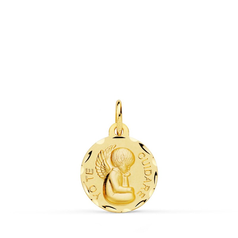 Medalla Oro Amarillo Angelito "Yo Te Cuidare" Tallada. Medida: 14 Mm oro 18k