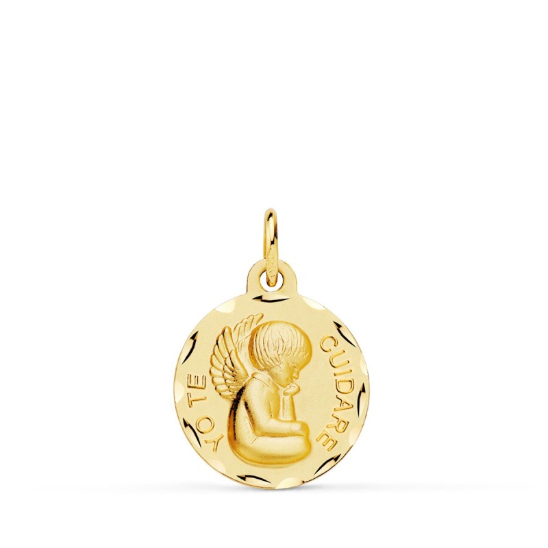 Medalla Oro Amarillo Angelito "Yo Te Cuidare" Tallada. Medida: 16 Mm oro 18k