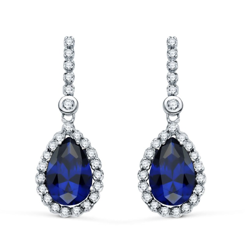 Pendientes Oro Blanco Dos Cuerpos Con Piedra Azul 12 X 8Mm. 33X12Mm Cierre Presion oro 18k