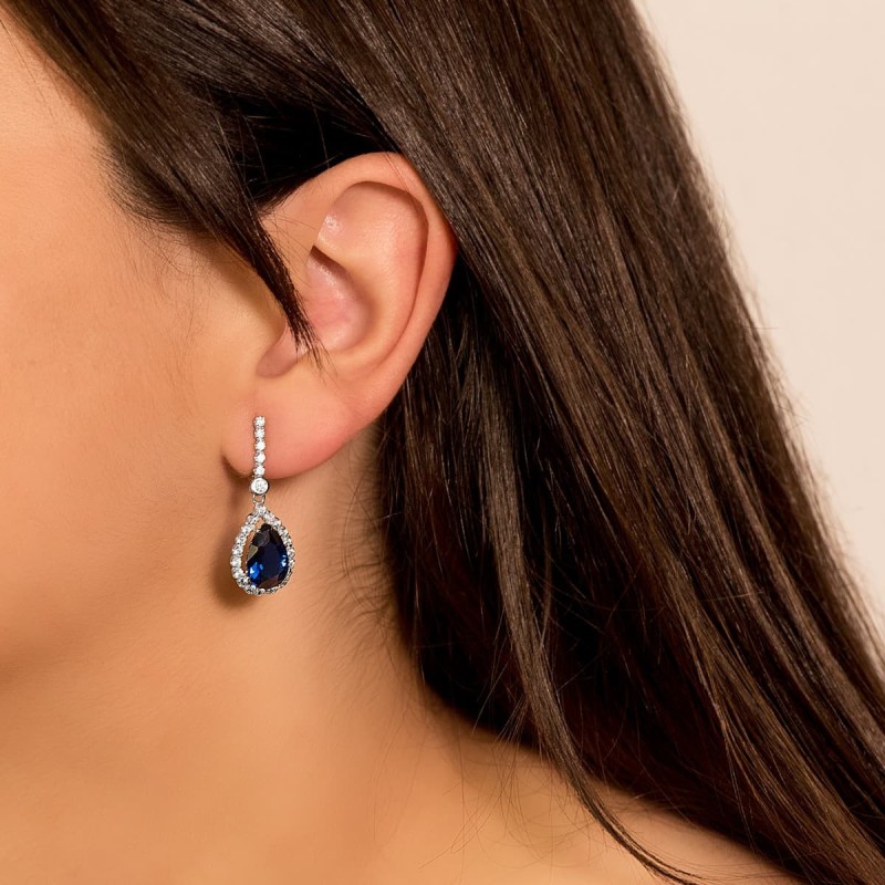 Pendientes Oro Blanco Dos Cuerpos Con Piedra Azul 12 X 8Mm. 33X12Mm Cierre Presion oro 18k