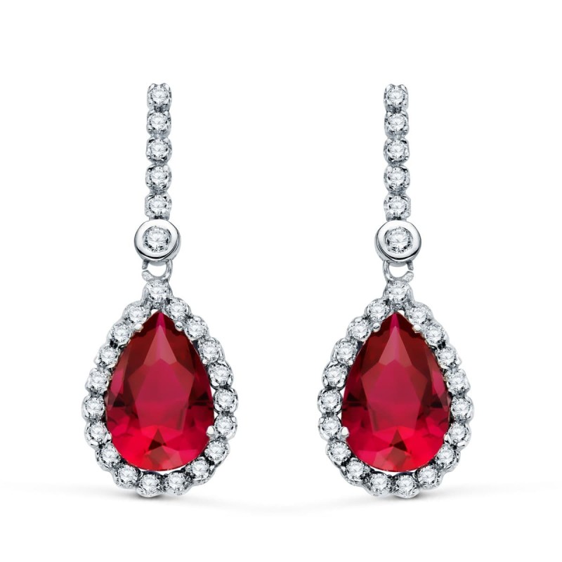 Pendientes Oro Blanco Dos Cuerpos Con Piedra Roja 12 X 8Mm. 33X12Mm Cierre Presion oro 18k