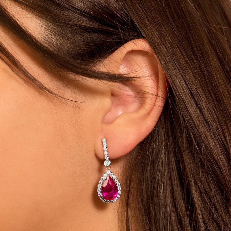 Pendientes Oro Blanco Dos Cuerpos Con Piedra Roja 12 X 8Mm. 33X12Mm Cierre Presion oro 18k
