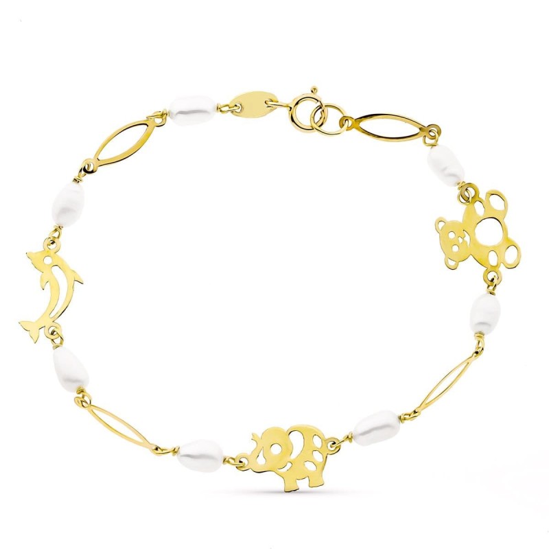 Pulsera Oro Amarillo 17Cm Fetiches Y Perla Cultivadas 5 Mm oro 18k