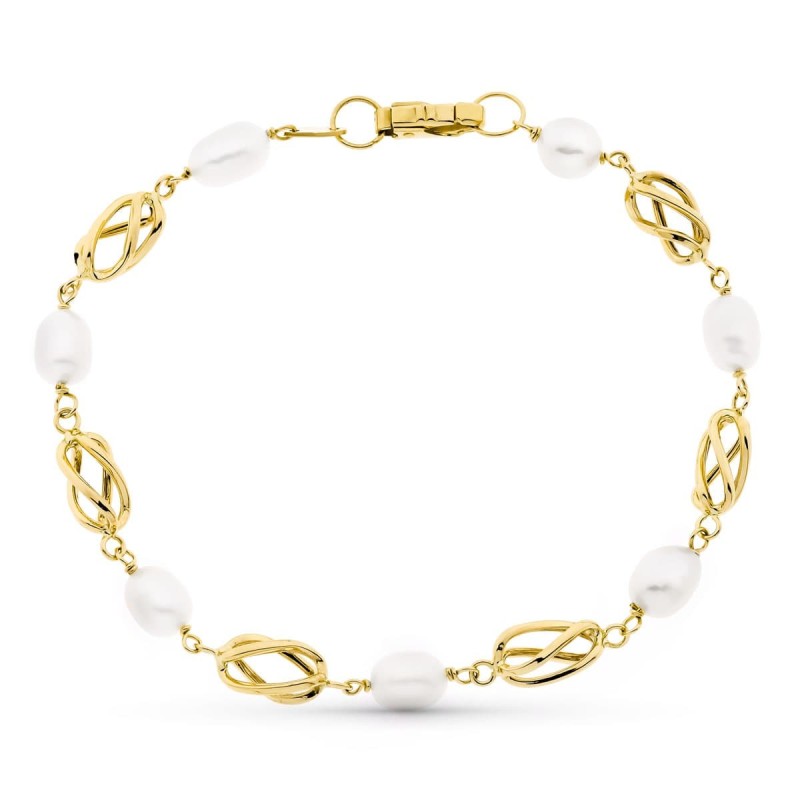 Pulsera Oro Amarillo Con Perla Y Jaulas oro 18k