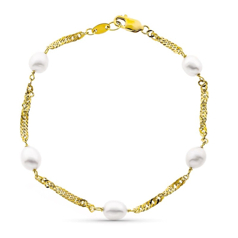 Pulsera Oro Amarillo 19Cm Singapur Perla Cultivada Aljorfa 6-6.5 Mm oro 18k