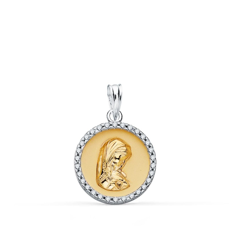 Colgante Redondo Oro Bicolor Virgen Niña Con Cerco Y Circonita 16 Mm oro 18k