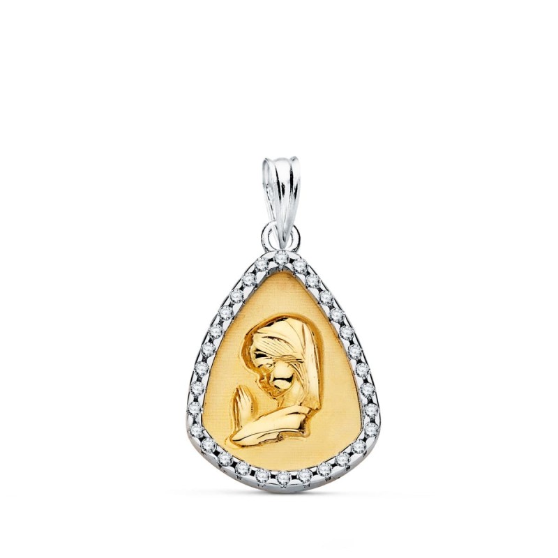 Colgante Oro Bicolor Virgen Niña Con Cerco Y Circonita 18X14 Mm oro 18k