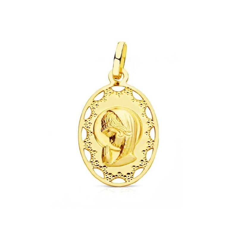 Medalla Oro Amarillo Virgen Niña Oval Cerco Calado 23X14 Mm oro 18k