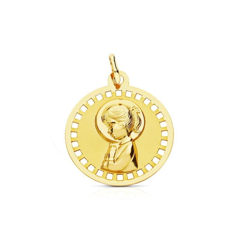 Medalla Oro Amarillo Virgen Niña Redonda Calada 18 Mm oro 18k