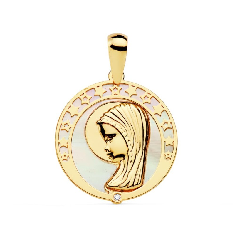 Medalla Oro Amarillo Virgen Niña Nacar Circonita 17 Mm oro 18k