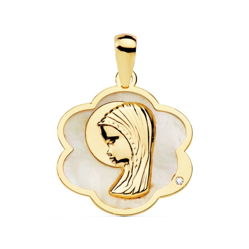 Medalla Oro Amarillo Flor Con Virgen Niña Nacar 18X17 Mm oro 18k