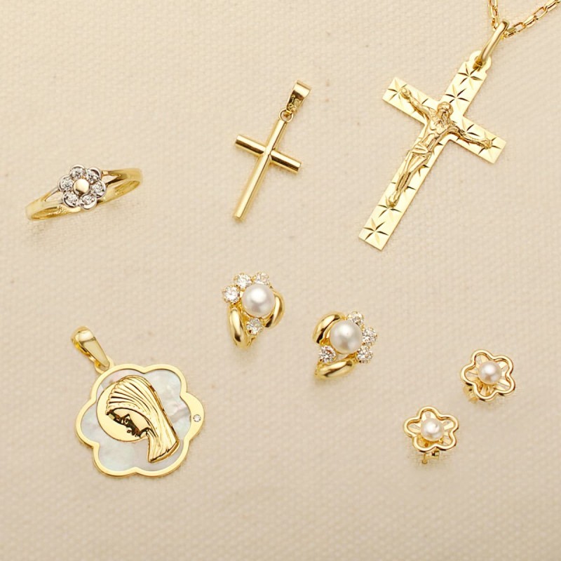 Medalla Oro Amarillo Flor Con Virgen Niña Nacar 18X17 Mm oro 18k