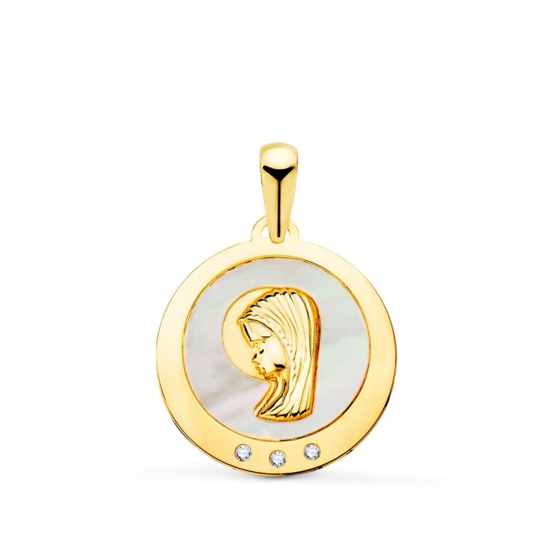 Medalla Oro Amarillo Virgen Niña Con Nacar Y Circonita 14 Mm oro 18k