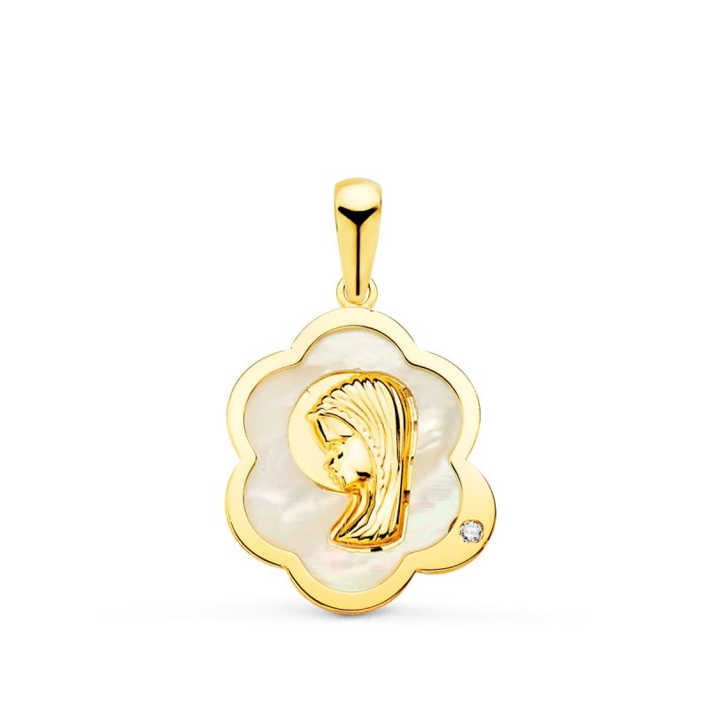 Medalla Oro Amarillo Virgen Niña Nube Con Nacar Y Circonita 15X12 Mm oro 18k