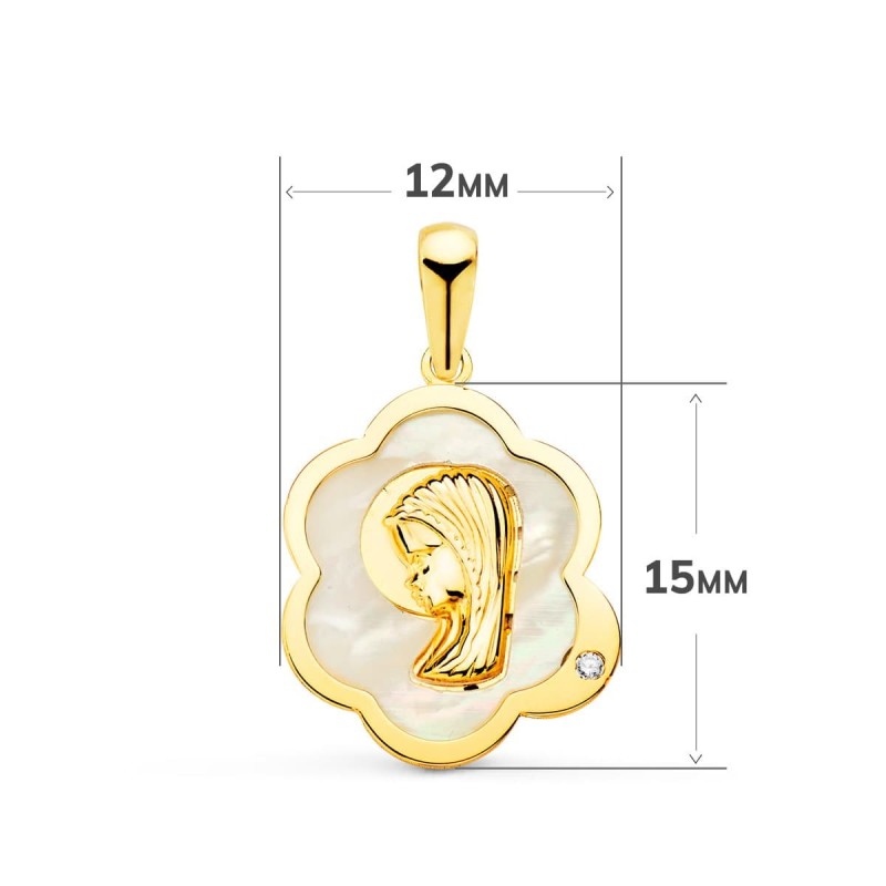 Medalla Oro Amarillo Virgen Niña Nube Con Nacar Y Circonita 15X12 Mm oro 18k