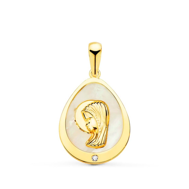 Medalla Oro Amarillo Virgen Niña Lagrima Con Nacar Y Circonita 15X12 Mm oro 18k