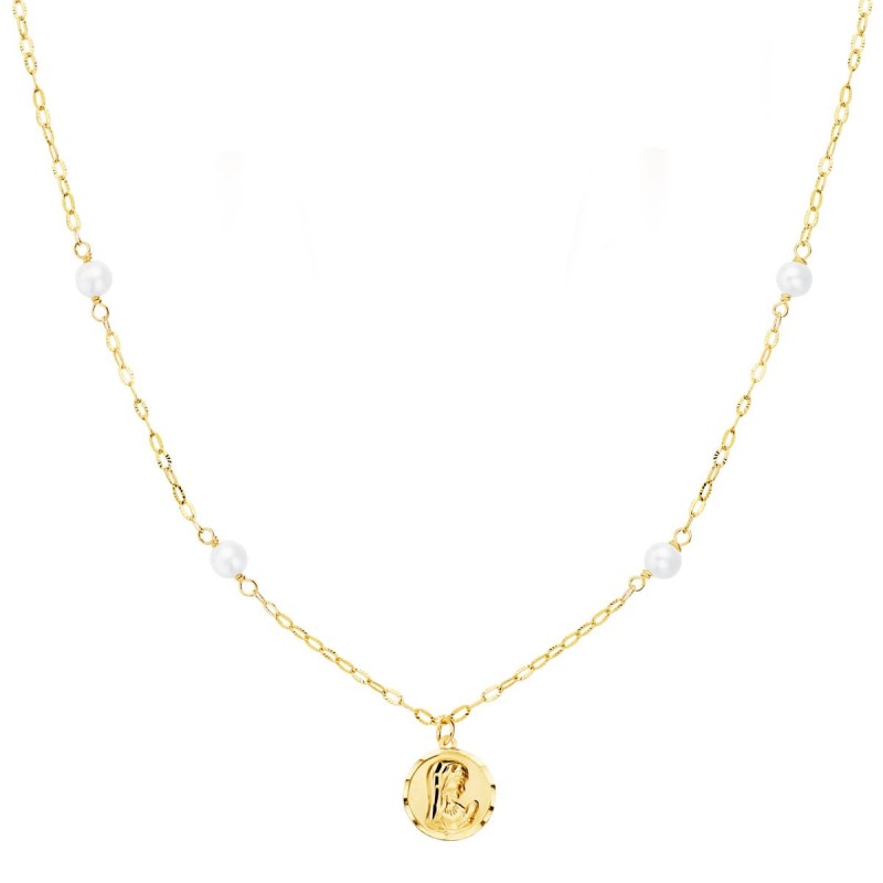 Gargantilla Oro Amarillo Virgen Niña 8 Mm Perlas 3.5 Mm Cadena Forzada 40Cm oro 18k