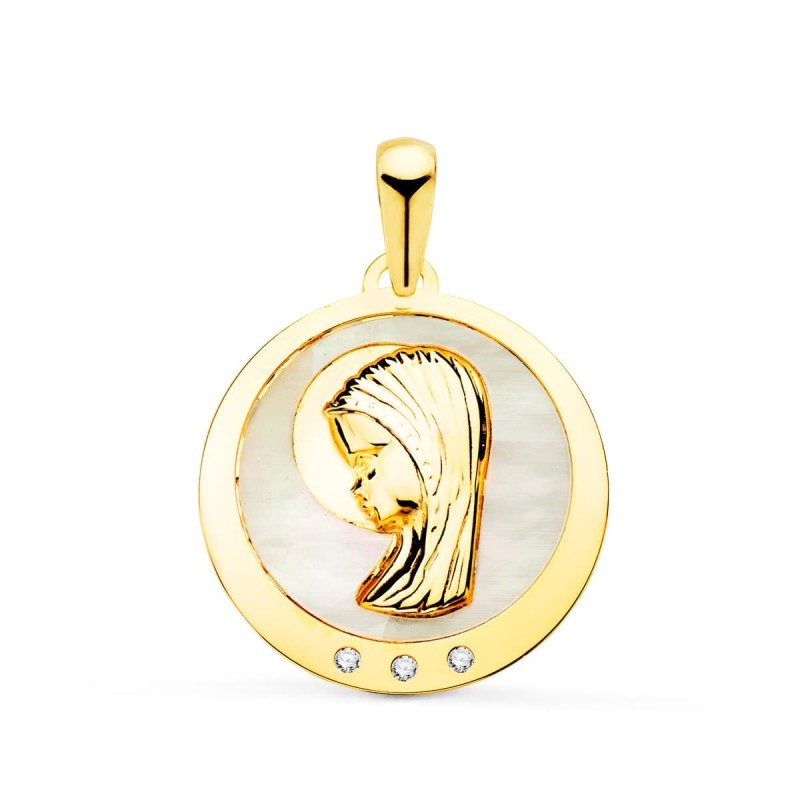 Medalla Oro Amarillo Virgen Niña Con Nacar Y Circonita 19 Mm oro 18k