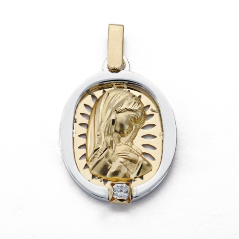 Medalla Oro Amarillo Virgen Niña Oro Bicolor Calada Con Circonita 24X17 Mm oro 18k
