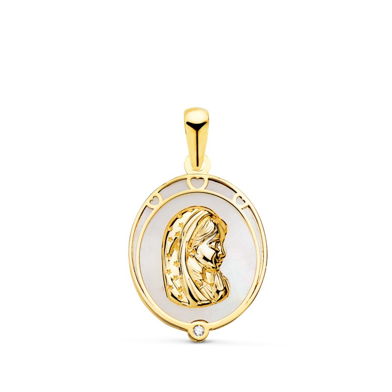 Medalla Oro Amarillo Virgen Niña Oval Con Nacar Blanco Y Circonita. Medida: 17X13 Mm oro 18k