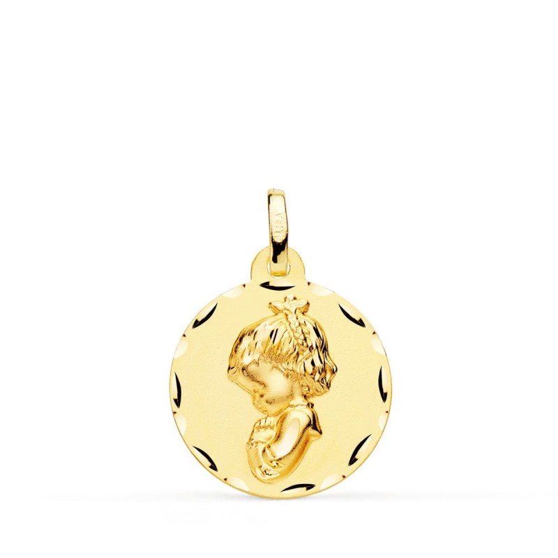 Medalla Oro Amarillo Virgen Niña Rezando Tallada 18 Mm oro 18k