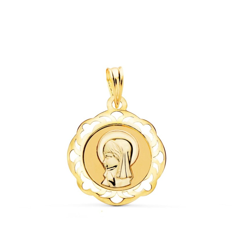 Medalla Oro Amarillo Virgen Niña Cerco Calado En Brillo 20X18 Mm oro 18k