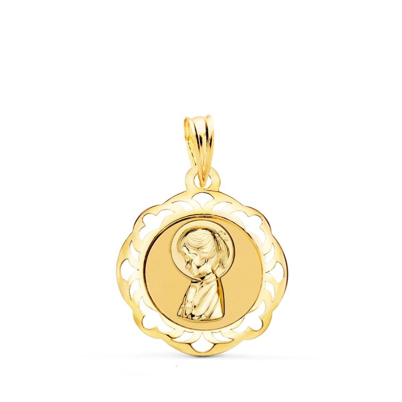 Medalla Oro Amarillo Virgen Niña Cerco Calado En Brillo 20X18 Mm oro 18k