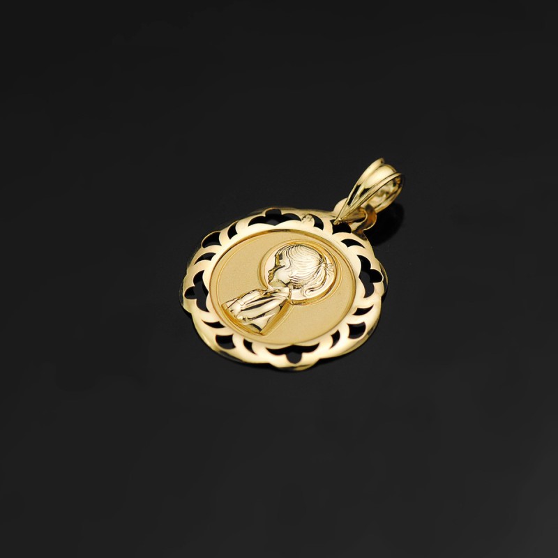 Medalla Oro Amarillo Virgen Niña Cerco Calado En Brillo 20X18 Mm oro 18k