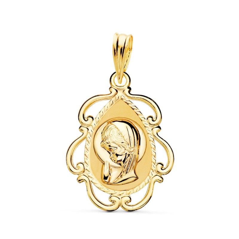 Medalla Oro Amarillo Virgen Niña Cerco Calado En Brillo . 22 X 16 Mm oro 18k