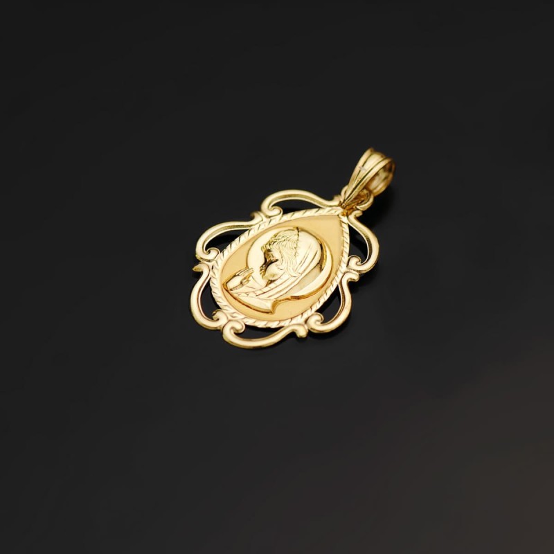 Medalla Oro Amarillo Virgen Niña Cerco Calado En Brillo . 22 X 16 Mm oro 18k
