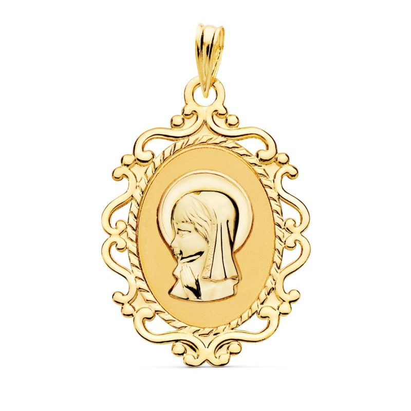 Medalla Oro Amarillo Virgen Niña Perfil Cerco Calado Brillo. 23 X 16 Mm oro 18k