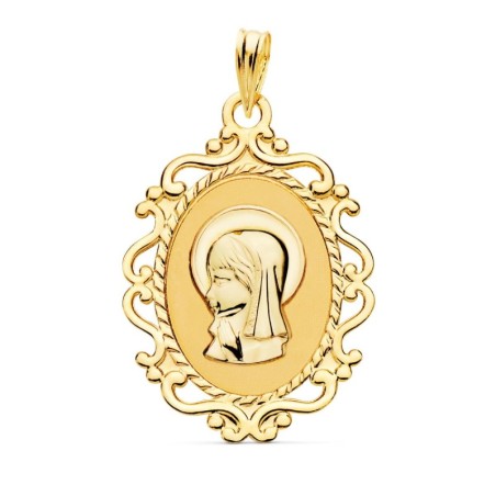 Medalla Oro Amarillo Virgen Niña Perfil Cerco Calado Brillo. 23 X 16 Mm oro 18k