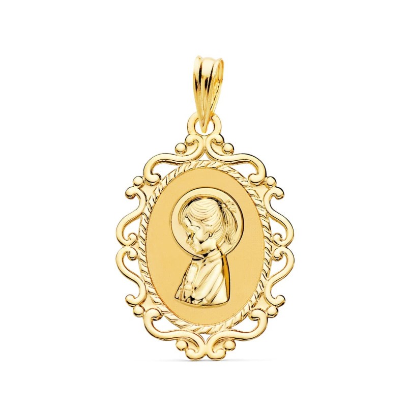 Medalla Oro Amarillo Virgen Niña Perfil Cerco Calado Brillo 23X16 Mm oro 18k