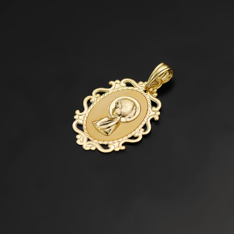 Medalla Oro Amarillo Virgen Niña Perfil Cerco Calado Brillo 23X16 Mm oro 18k