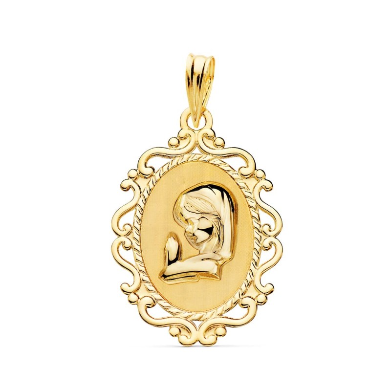 Medalla Oro Amarillo Virgen Niña Perfil Cerco Calado Brillo. 23 X 16 Mm oro 18k
