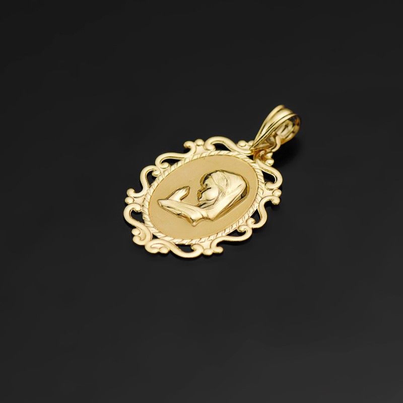 Medalla Oro Amarillo Virgen Niña Perfil Cerco Calado Brillo. 23 X 16 Mm oro 18k