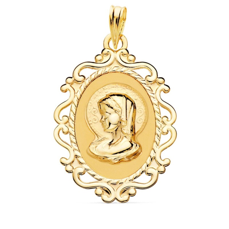 Medalla Oro Amarillo Virgen Niña Cerco Calado En Brillo. 31 X 21 Mm oro 18k
