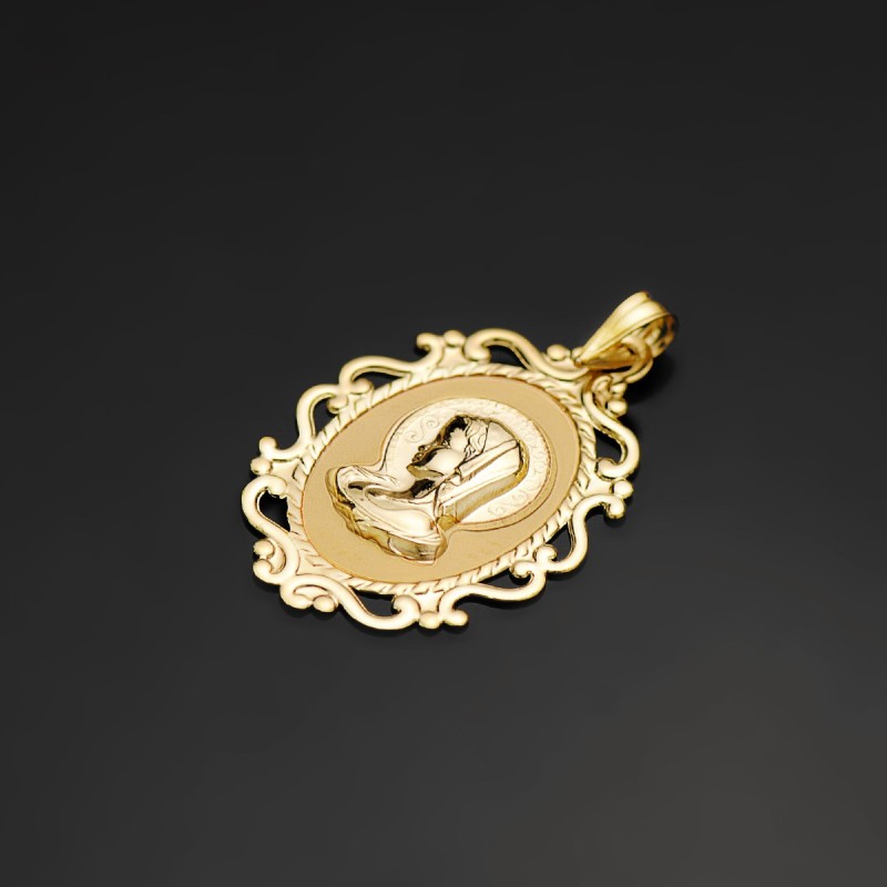 Medalla Oro Amarillo Virgen Niña Cerco Calado En Brillo. 31 X 21 Mm oro 18k