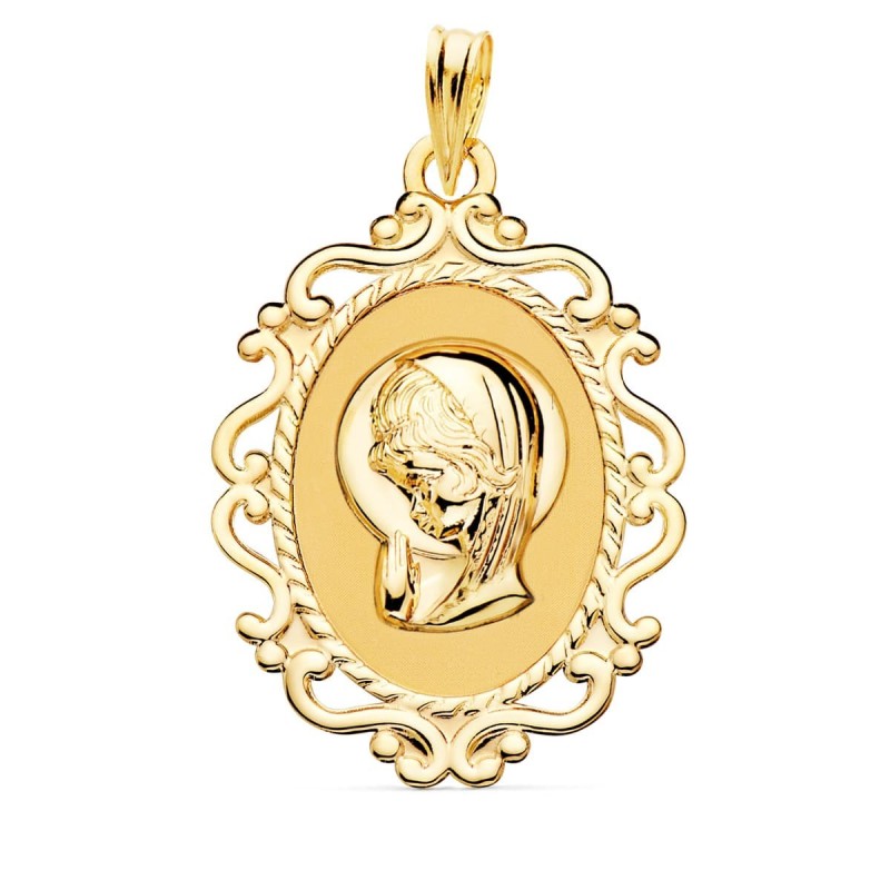 Medalla Oro Amarillo Virgen Niña Cerco Calado En Brillo 31X21 Mm oro 18k