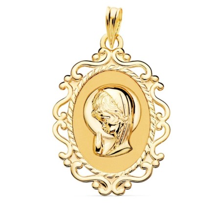 Medalla Oro Amarillo Virgen Niña Cerco Calado En Brillo 31X21 Mm oro 18k