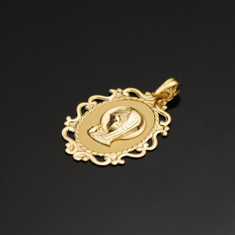 Medalla Oro Amarillo Virgen Niña Cerco Calado En Brillo 31X21 Mm oro 18k