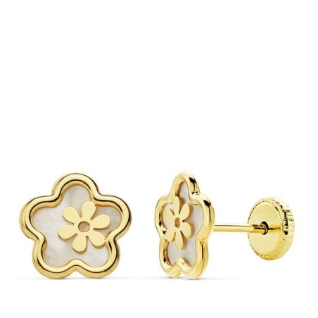 Pendientes Oro Amarillo Flor Nacar 8 Mm Tuerca oro 18k