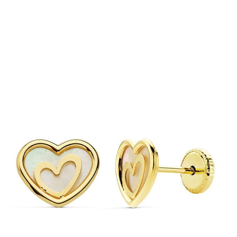 Pendientes Oro Amarillo Corazon Nacar 9X7 Mm Cierre Tuerca oro 18k