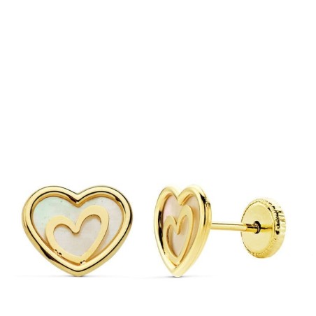 Pendientes Oro Amarillo Corazon Nacar 9X7 Mm Cierre Tuerca oro 18k